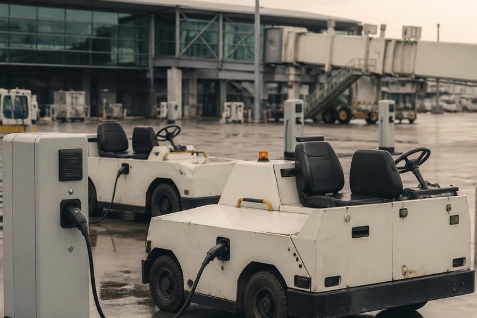 Engins d'assistance en escale électriques en charge sur une aire de trafic