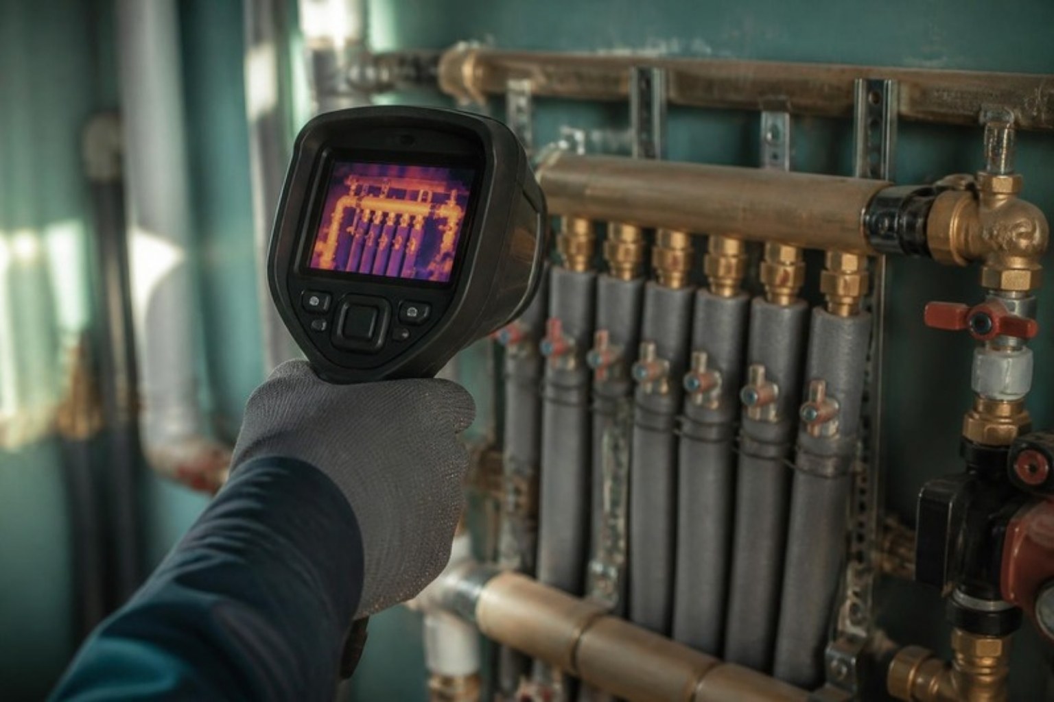 Audit CVC : mesure à la caméra thermique sur un collecteur de chauffage