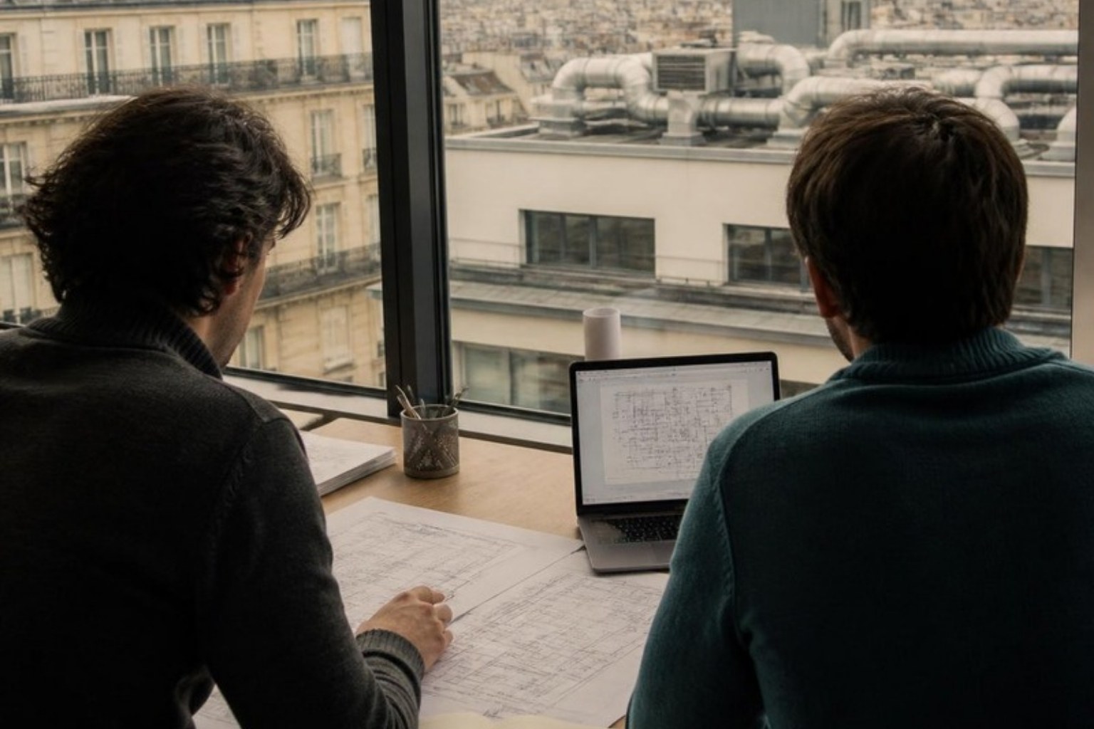 E&F Consulting : deux ingénieurs devant des plans d'installations techniques, au bureau