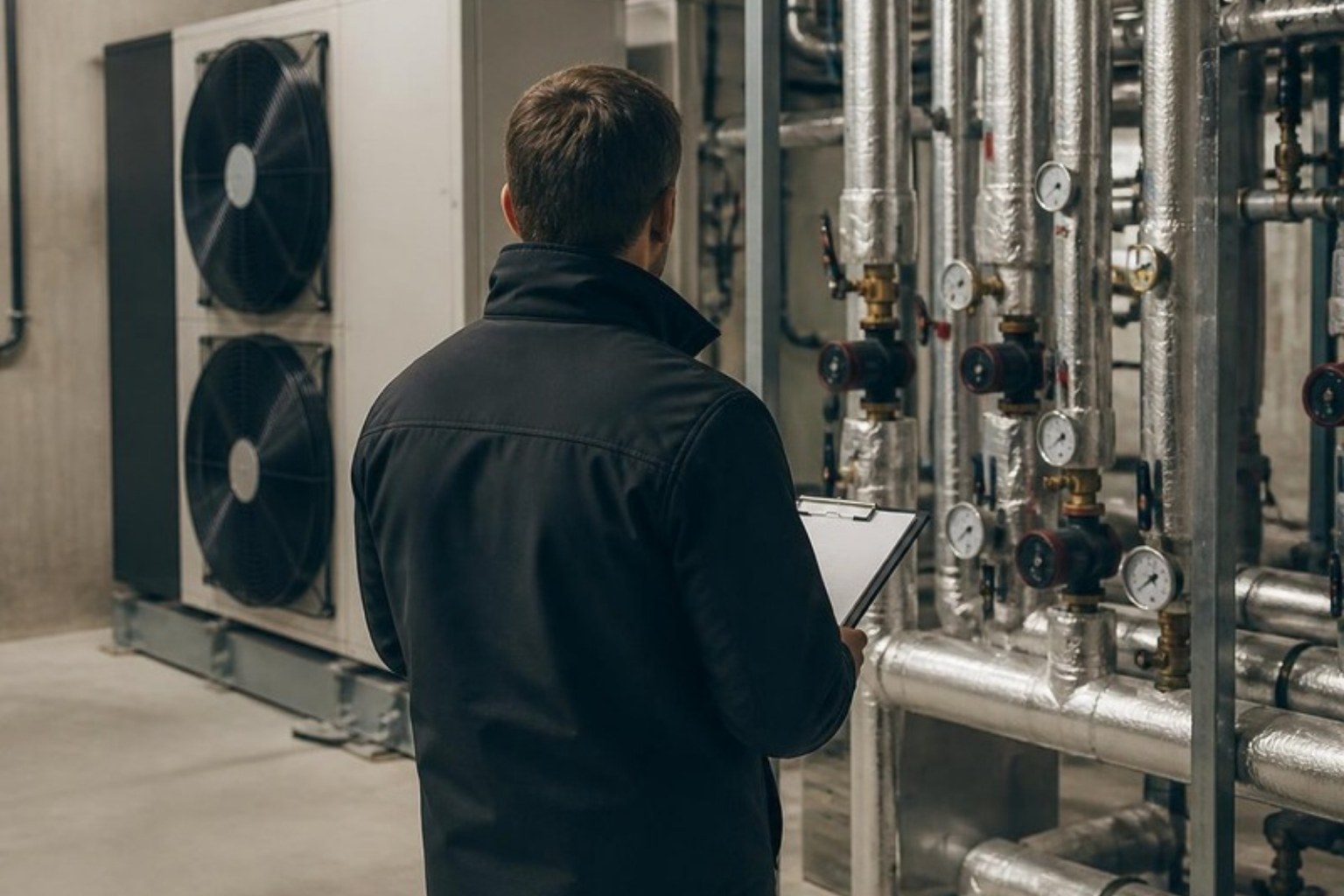 Ingénieur E&F Consulting devant une pompe à chaleur en local technique