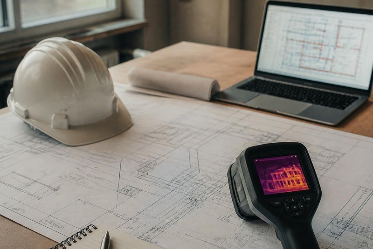 Équipe E&F Consulting : plans, caméra thermique et casque sur une table de travail