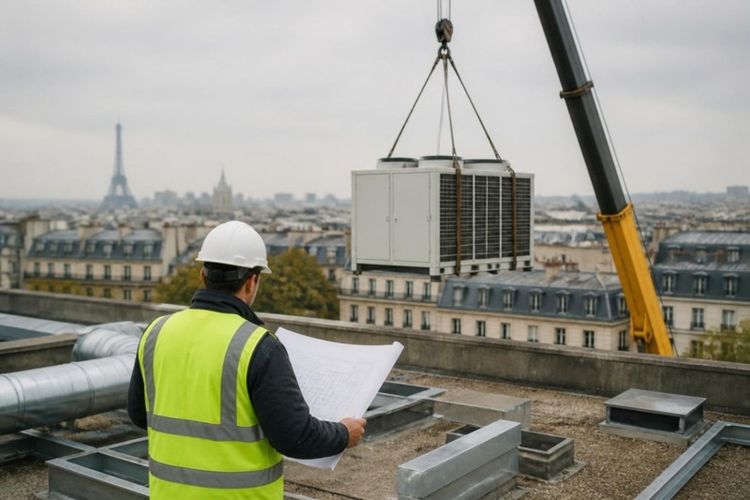 Maîtrise d'œuvre CVC : levage d'une unité de toiture sur un immeuble de bureaux