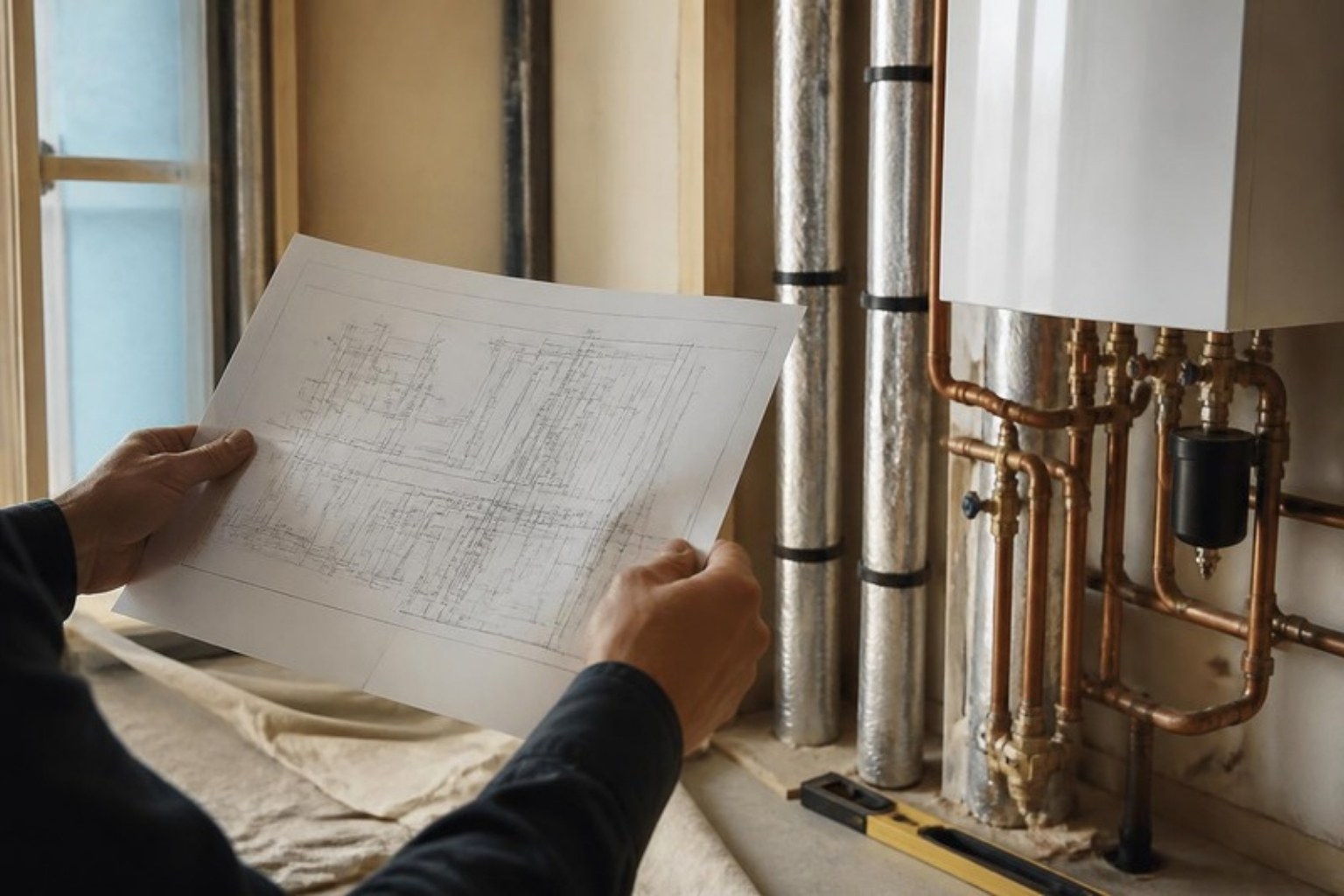 Suivi de chantier CVC : plans et installation de chaufferie en cours de travaux